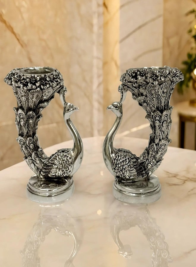 Dev Aastha 999 Silver Plated Peacock Idol | Pack of 2 | 9.5 cm Height | Vastu Decorative Temple Candle Holder | Auspicious Silver Gift - Image 3
